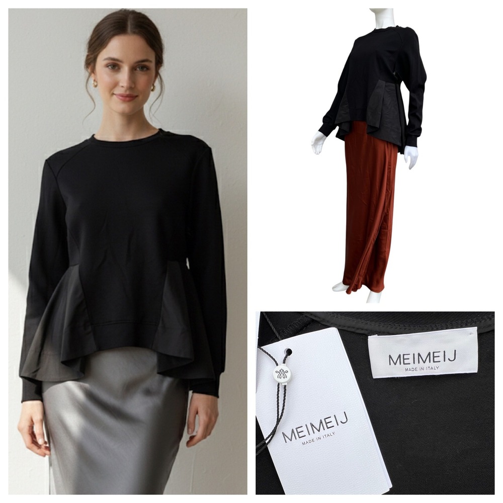 MeiMeiJ Italy Taffeta‎ Peplum Top Black Structured M Quiet Luxury Old Money NWT